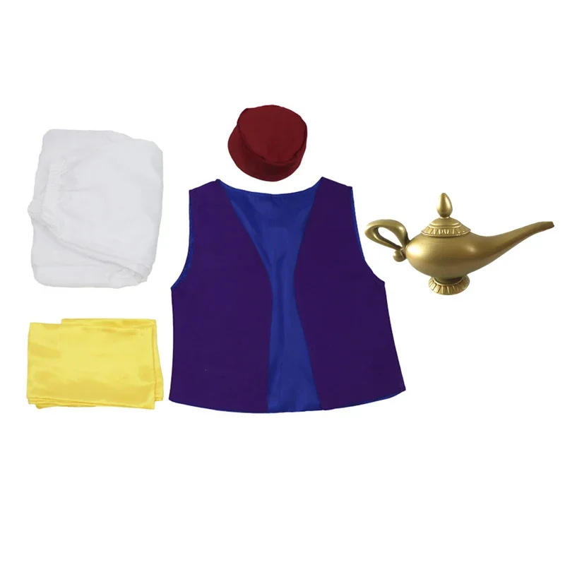Juego de 4 piezas de disfraz de príncipe árabe de Halloween para hombre, incluye chaleco morado, sombrero de fieltro de Fez, banda roja, lámpara mágica de genio para fiesta de cosplay