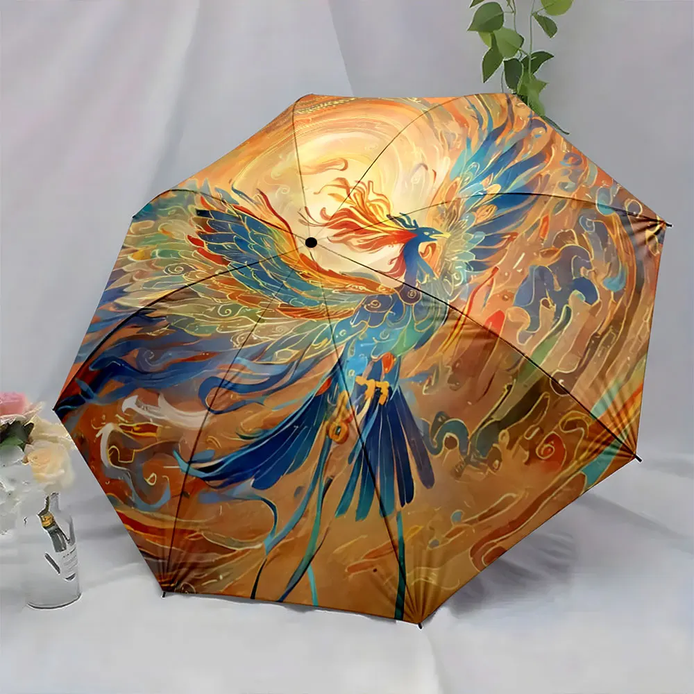 1PC Phoenix-Themed Umbrella with Stunning Artwork Print 8 Iron Ribs Folding Umbrella Auto-Open Fashion Sunshade