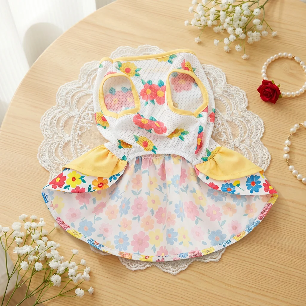 Vestido falda transpirable doble capa amarillo y blanco perros y gatos - imagen 5