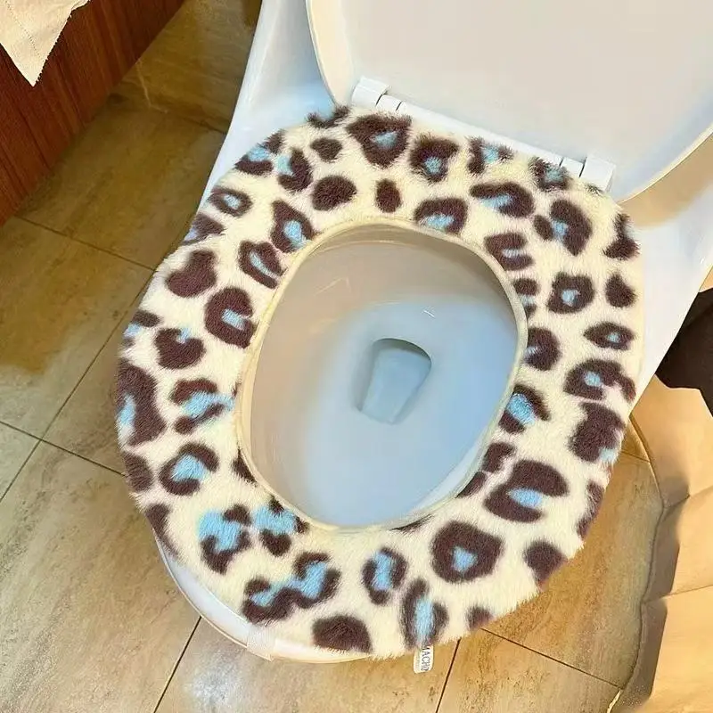 2pc Cute Soft Plush Toilet Seat Cover Winter Thicken Velvet Bathroom Toilet Cushion Floor New Closestool Leopard Print WC Pad