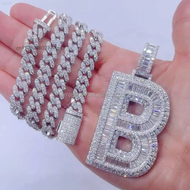 Custom Pass Diamond Tester Iced Out Vvs Moissanite Jewelry Hip Hop Single Letter Baguette Pendant Alphabet 