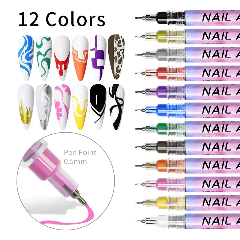 

0.5mm Nail Art Pens Acrylic Marker 12Colors Extra Fine Tip Liquid-Ink Graffiti Paint Glass Ceramic Cloth Fabric Nail Art Drawing