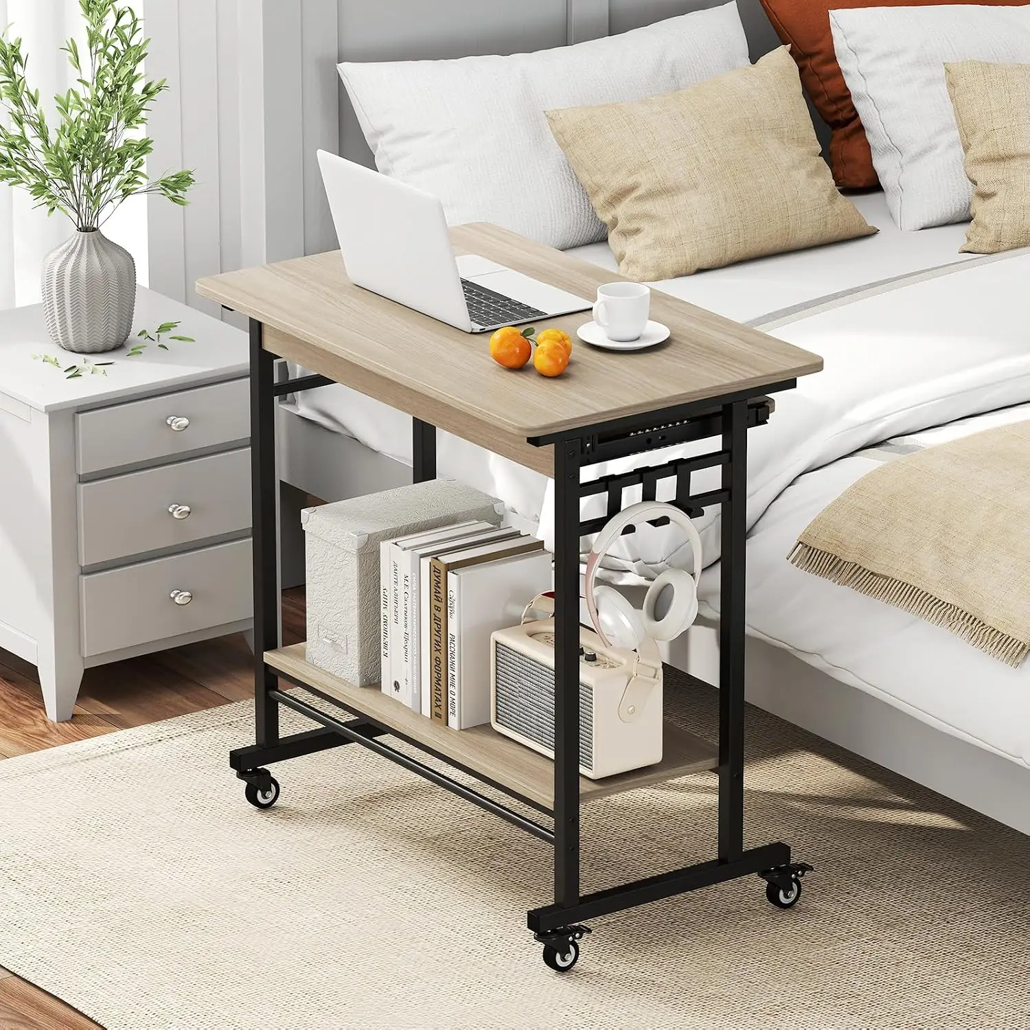 Mobile Computer Desk Cart with Keyboard Tray, CPU Stand & 3 Hooks for Sofa Bed Small Spaces, Customized