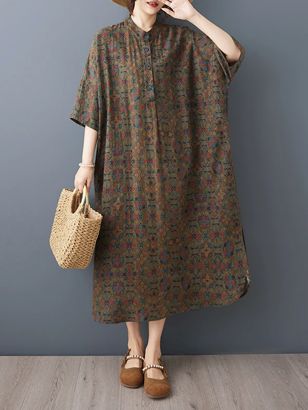 

Summer New plus Size Women's round Neck Short Sleeve Linen Cotton Shirt Dress Loose Robe Dress Ethnic Style Citywalk Dress