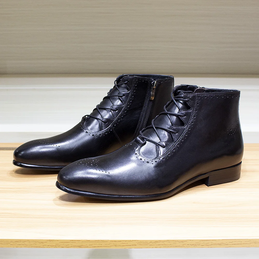 Ankle Boots de couro genuíno para homens, sapatos Oxford elegantes, feitos à mão com cadarço zip, botas de alta qualidade, moda outono