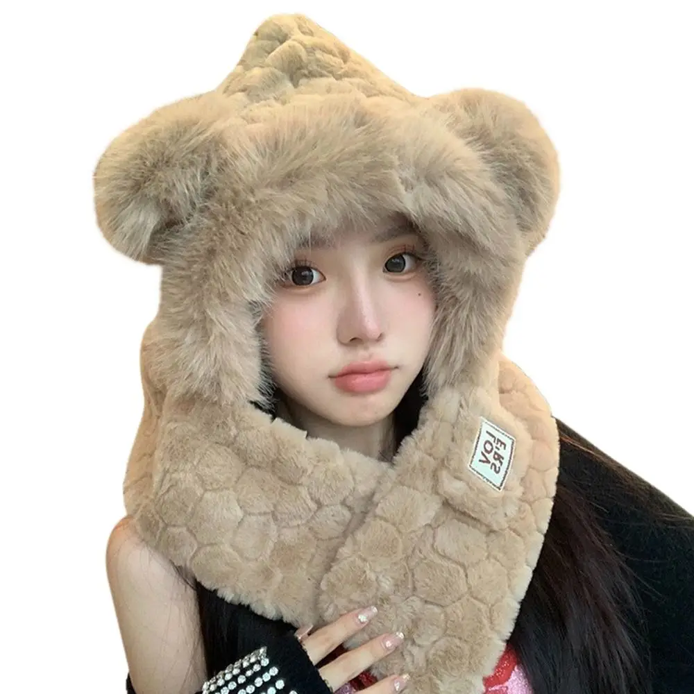 

Fashion Winter Integrated Cap Scarf Windproof Warm Beanie Hat Scarf Thickened Soft Ear Protection Hat for Women
