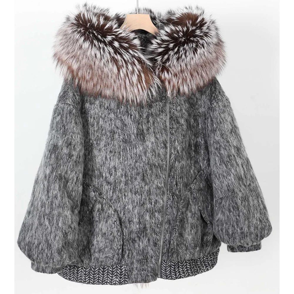 Maomaokong الراقية نسيج الصوف الفاخرة المرأة كبيرة الثعلب الفراء طوق سترة منفوخة الفراء الطبيعي أسفل معطف الشتاء سميكة الدافئة #4