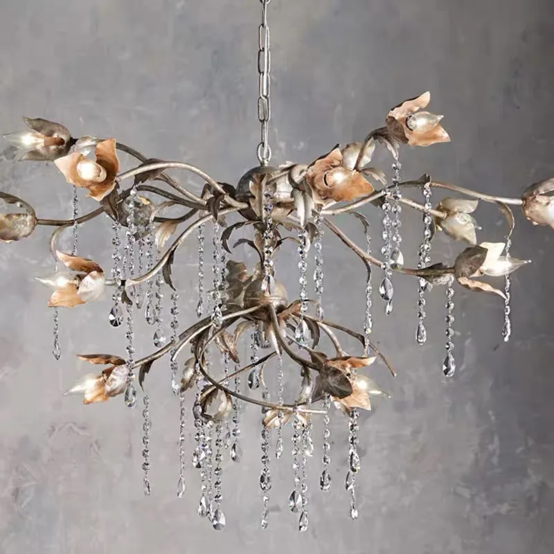 

French retro chandelier villa living room grand iron crystal branch creative double-layer chandelier lighting fixtures