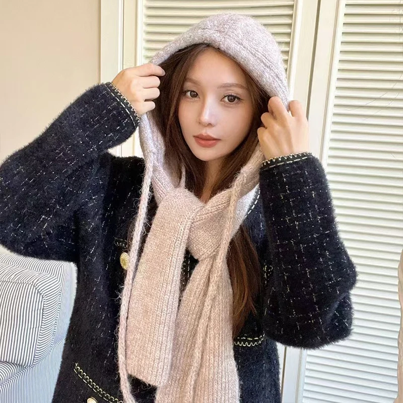 Wool Knitted Hooded Cap Winter Balaclava Hat Women Korean Style Outdoor Warmer Drawstring Hats One-piece Neck Collar Beanies Cap