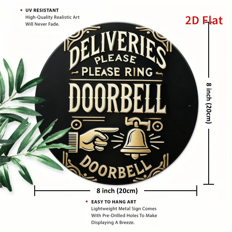 2D Flat, 2D Flat Vintage Round Aluminum Doorbell Sign - 19.99x19.99cm Durable Metal Wall Decor with 