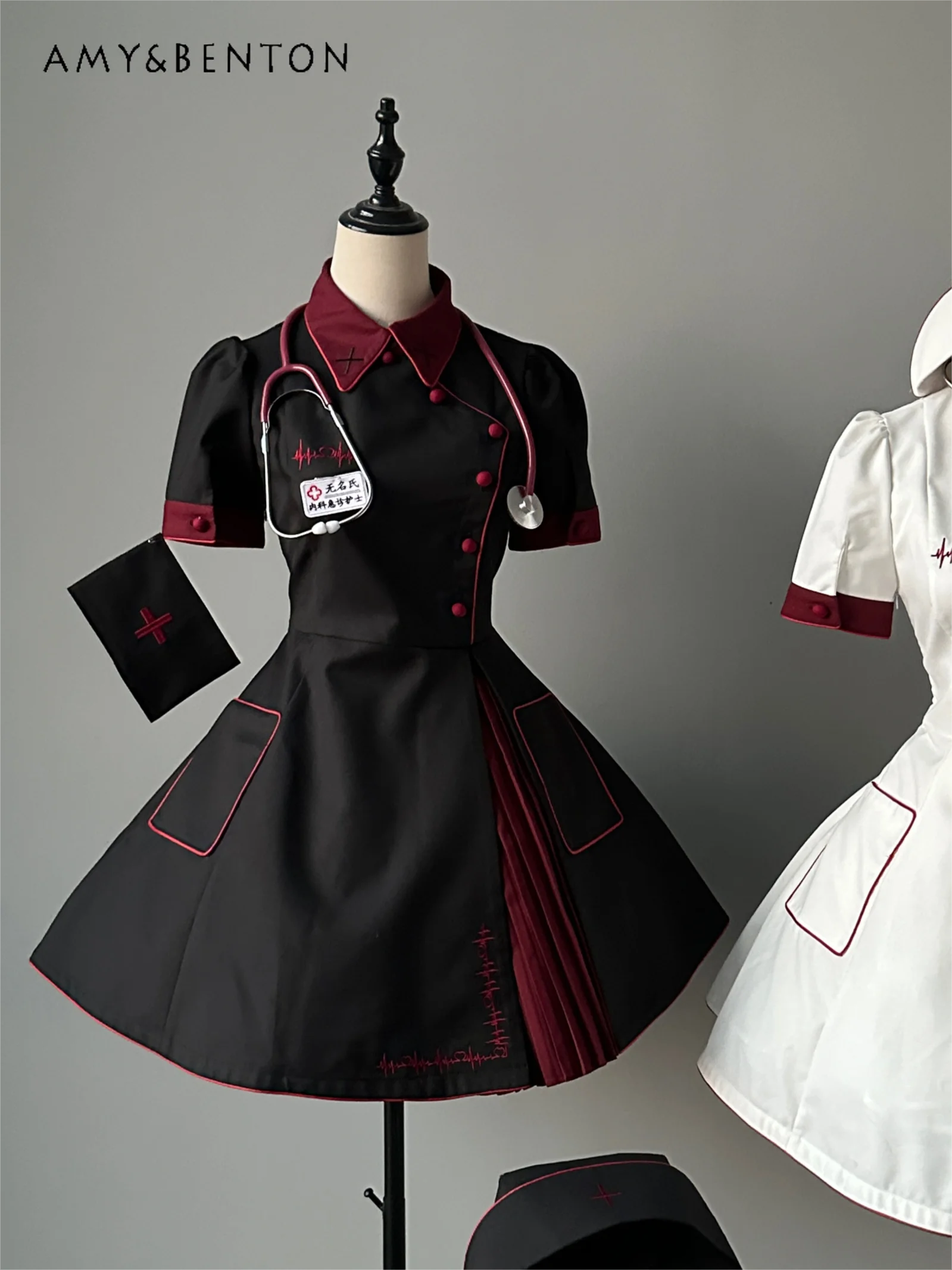 Halloween Cosplay Nurse Dress Full Sets Lolita Dark Goth Subculture Slim Mini Dress Sweet Patchwork Short Sleeve Tutu Dresses