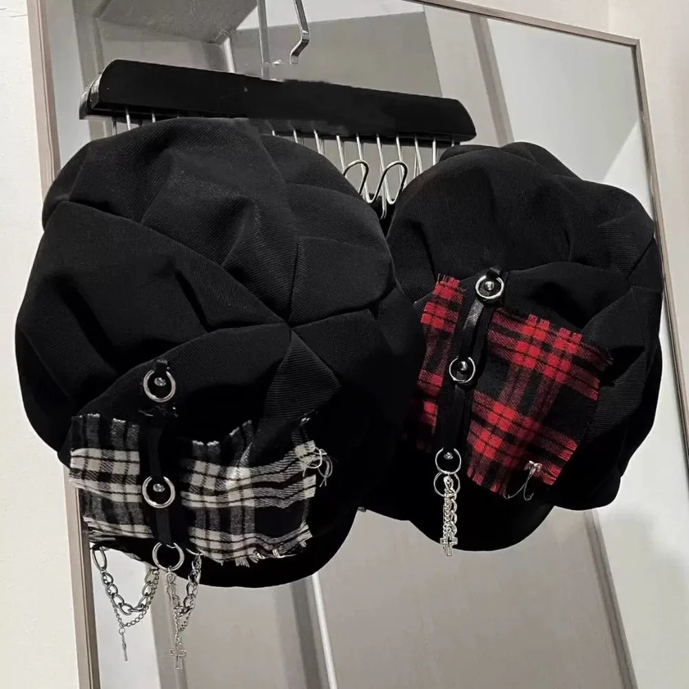 Women's Hat Sweet Cool Style Y2K Subculture Punk Millennial Spice Cross Neutral Dark Checkered Beret Hat Cute Hat Gothic Lollita