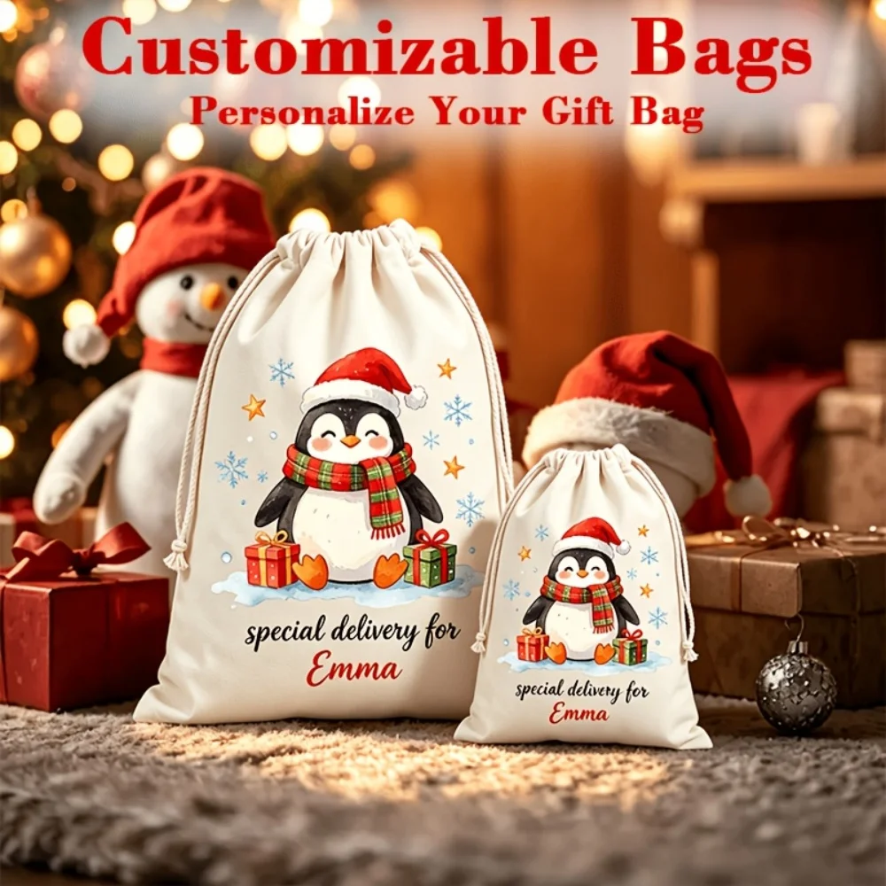 1Pc Custom Name/Text Christmas Imitation Hemp Gift Bag, Penguin Pattern Design Drawstring Closure Storage Bags, Party Candy Bag