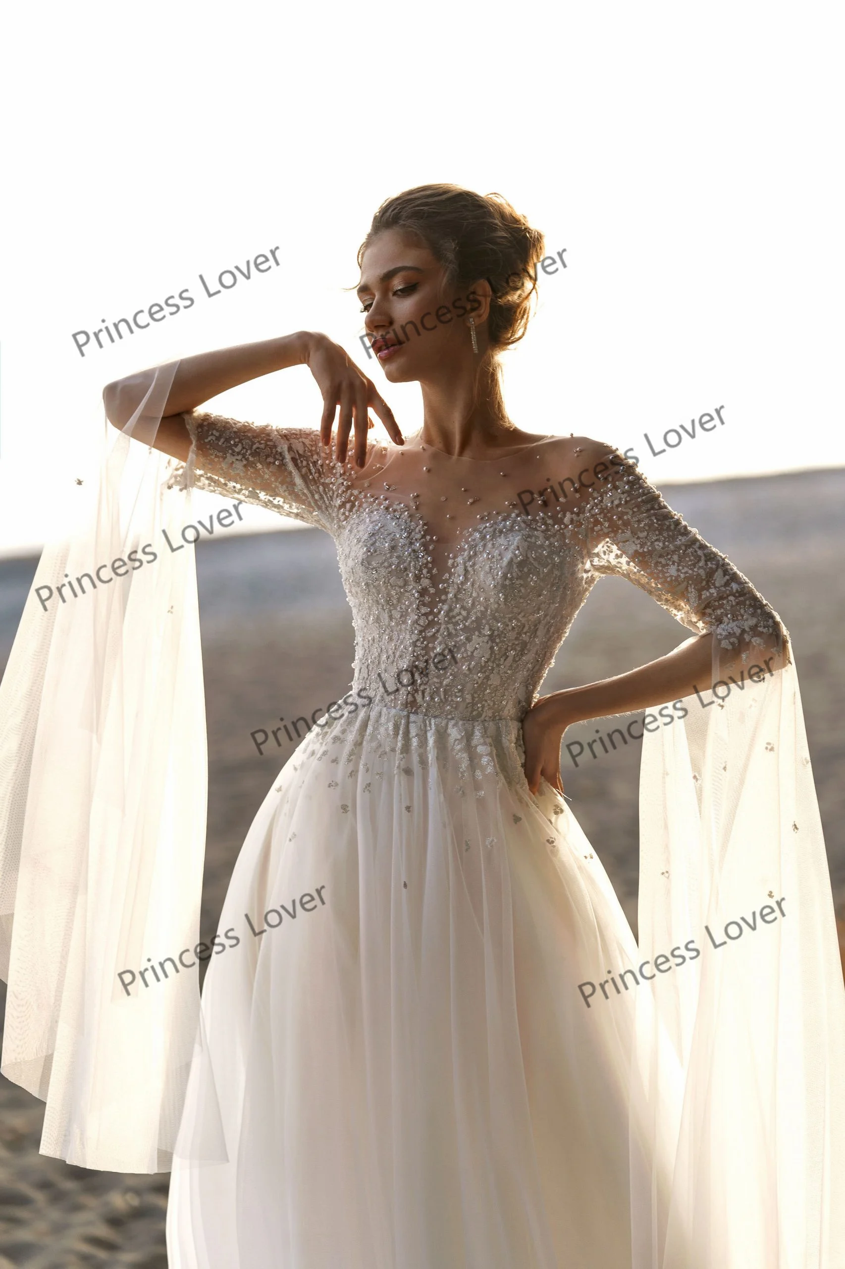 Boho Wedding Dresses for Bride Flare Long Sleeve Robe de Mariage Beading Wedding Guest Gowns Buttons Back vestido de novia