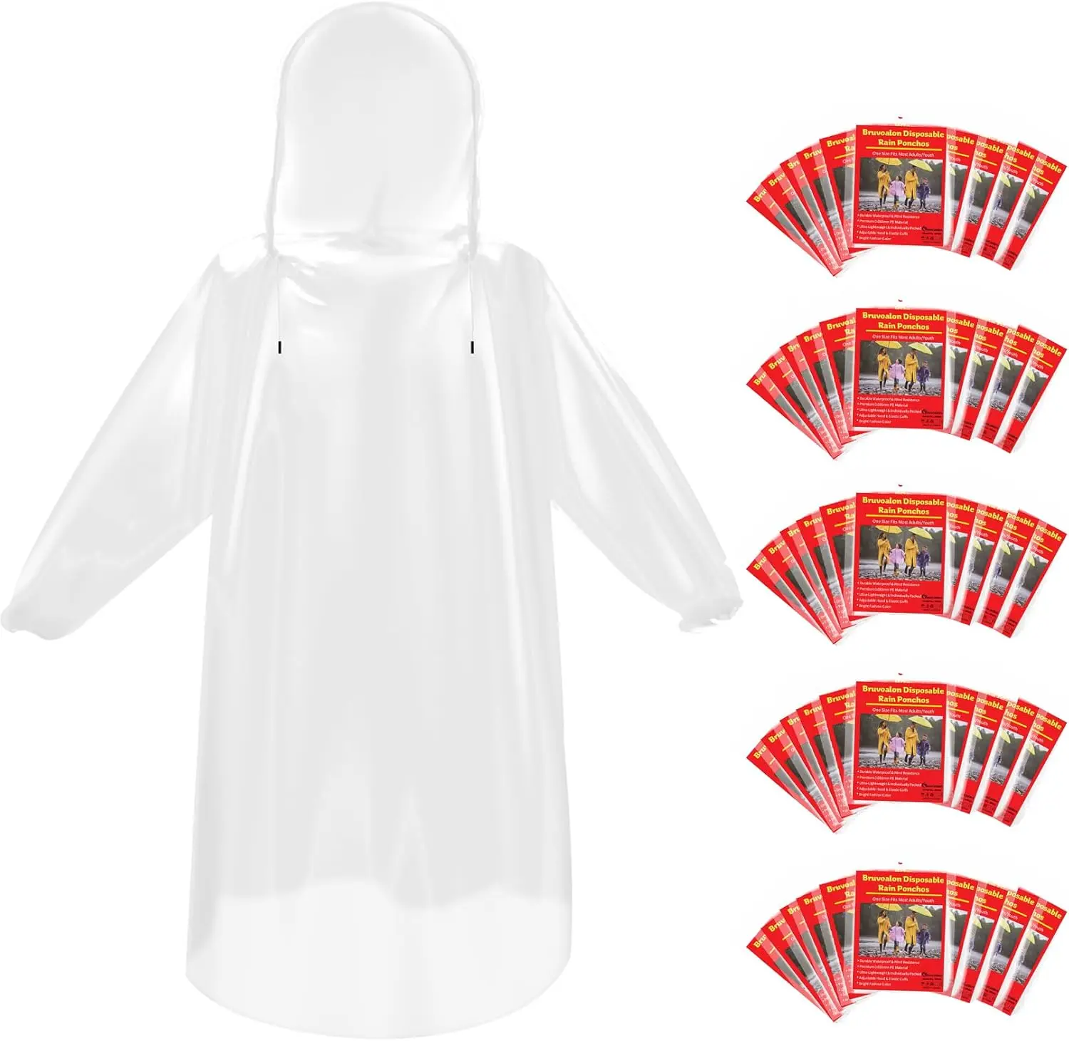 

Disposable Rain Ponchos 6/20/50 Pack, Waterproof PE Raincoats with Drawstring for Adults, Camping Emergency