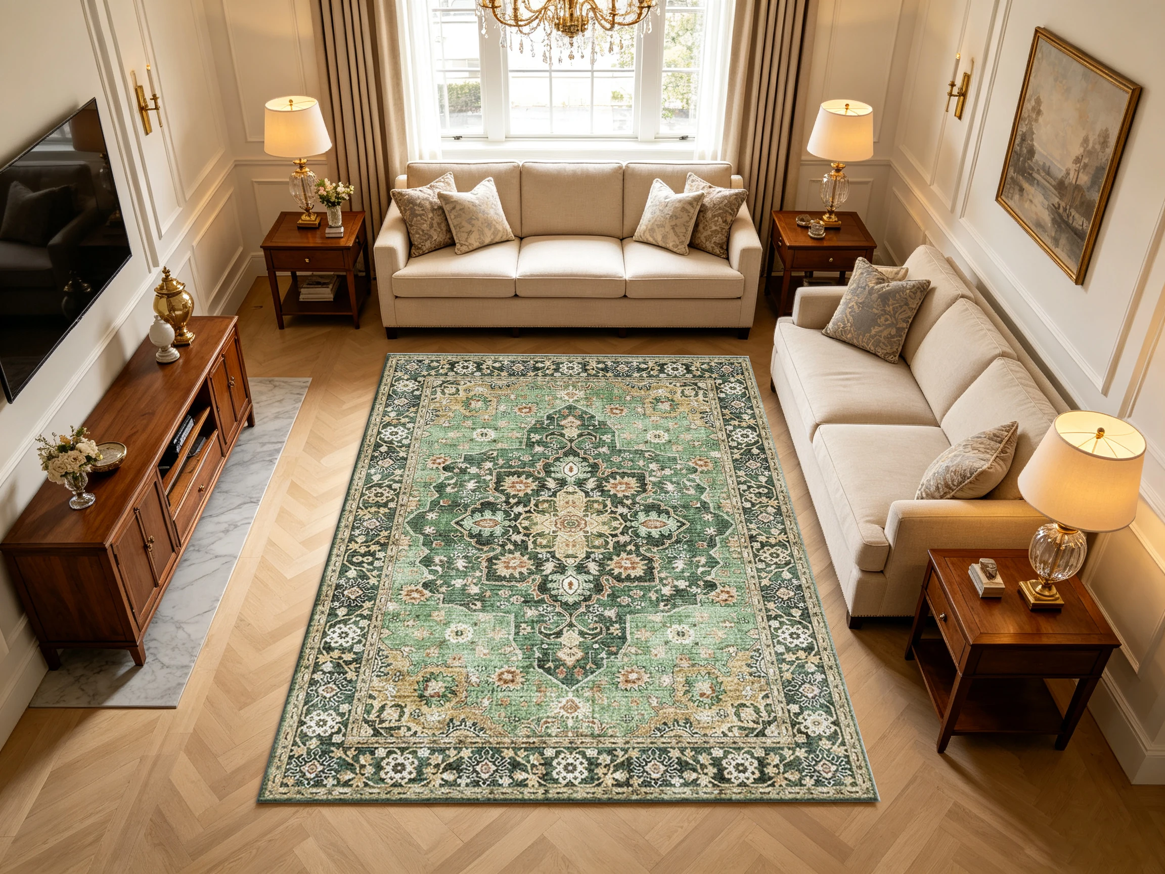Antique Green Oriental Medallion Carpet Flooring, Distressed Rectangle Area Rug for Living Room Dining Room Interior Decor