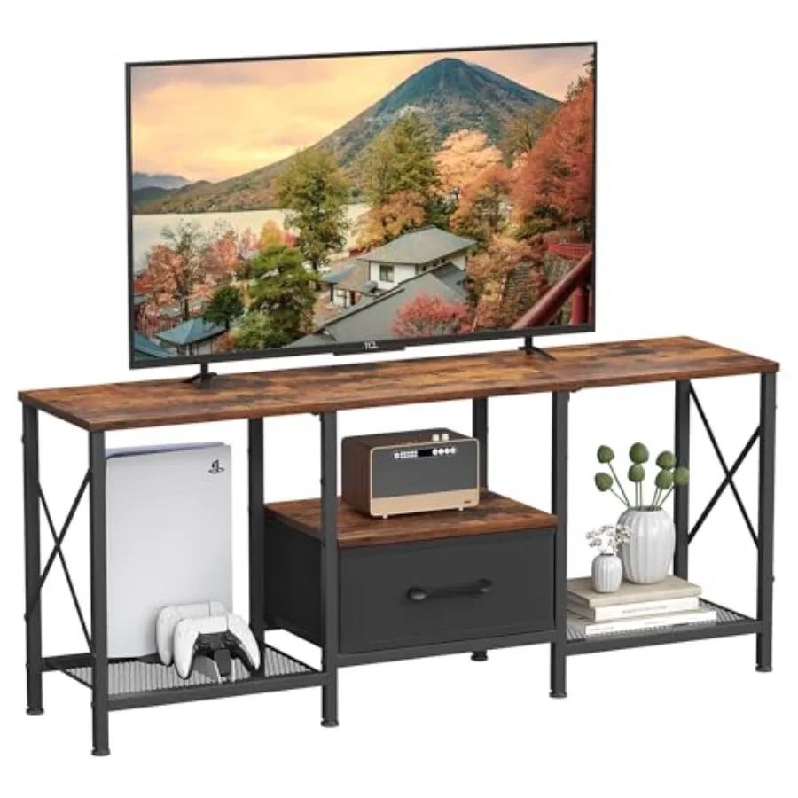 

TV Stand with Fabric Drawer for 50 55 Inch TV Industrial Console Table with Open Shelves in Rustic Brown for Living Room Bedroo