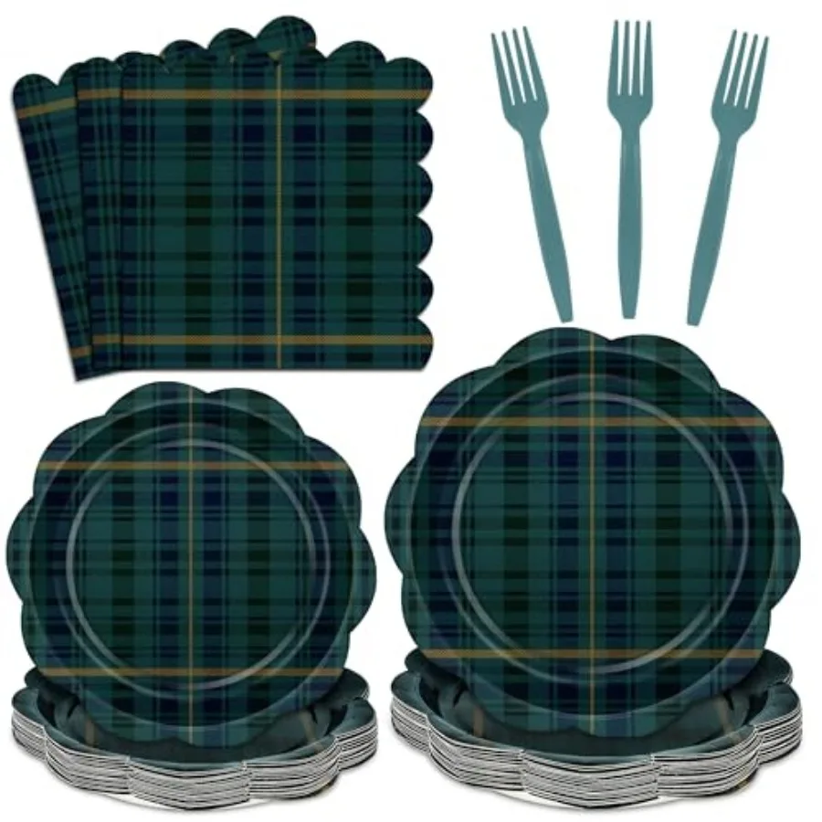 Tartan Plaid Baby Shower Plates and Napkins Set, Blue Baby Shower Party Supplies for 24 Guests include Disposable Scalloped Pla