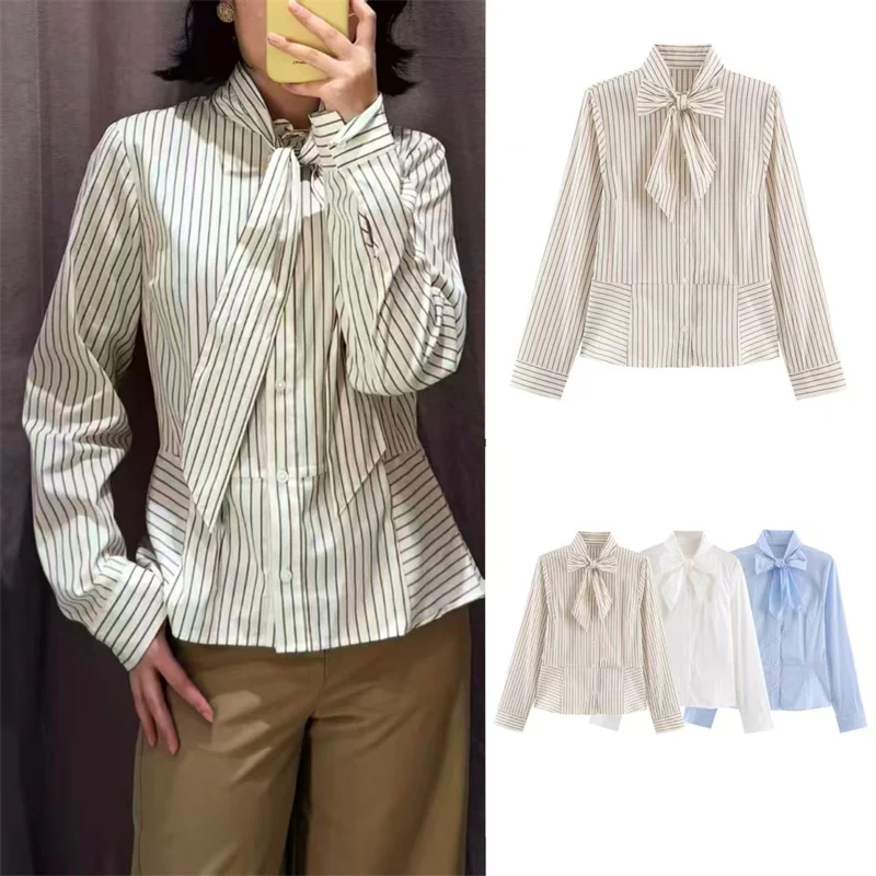 Guobioziy Women's Shirt 2026 Autumn/Winter New Stripe Long-Sleeve Tie Collar Romantic Shirt Stylish and Casual for Work