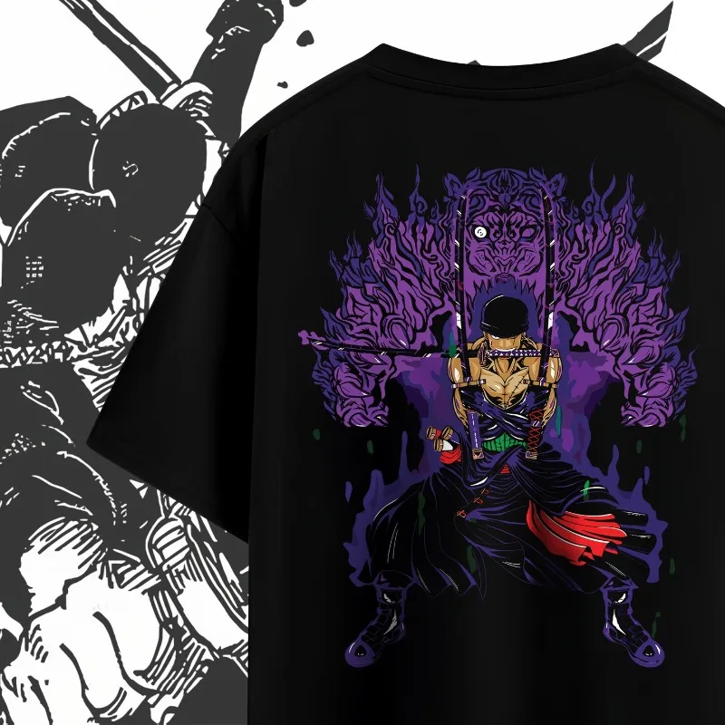 One Piece Roronoa Zoro King of Hell Double Sided Print T-shirt, Oversized Black Tee, Anime Manga Streetwear Casual Short Sleeve
