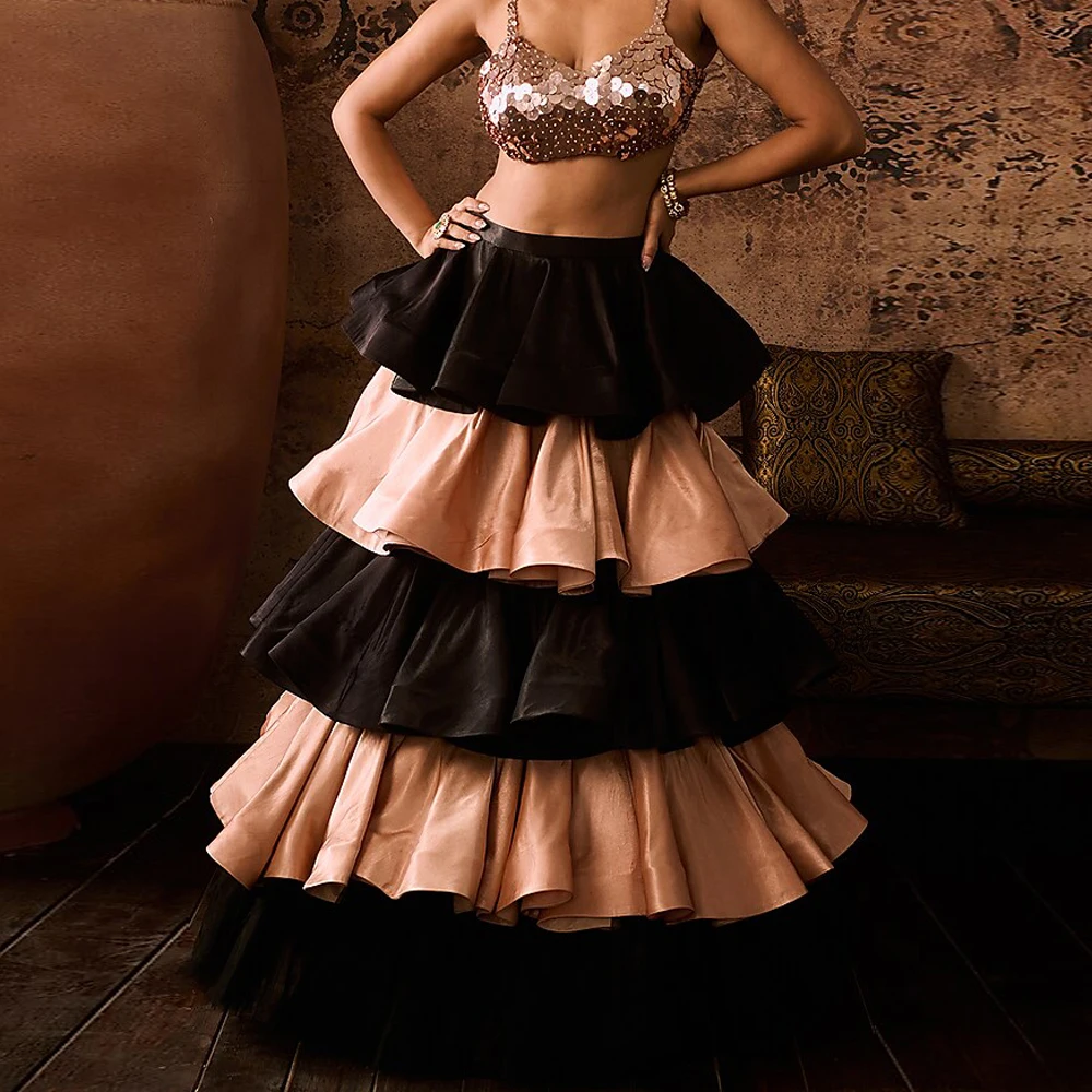 Fashion Black and Rose Gold Layered Skirt High Waist Tiered Puffy Taffeta Long Prom Skirts Women Party Gown 2 Color Custom Skirt