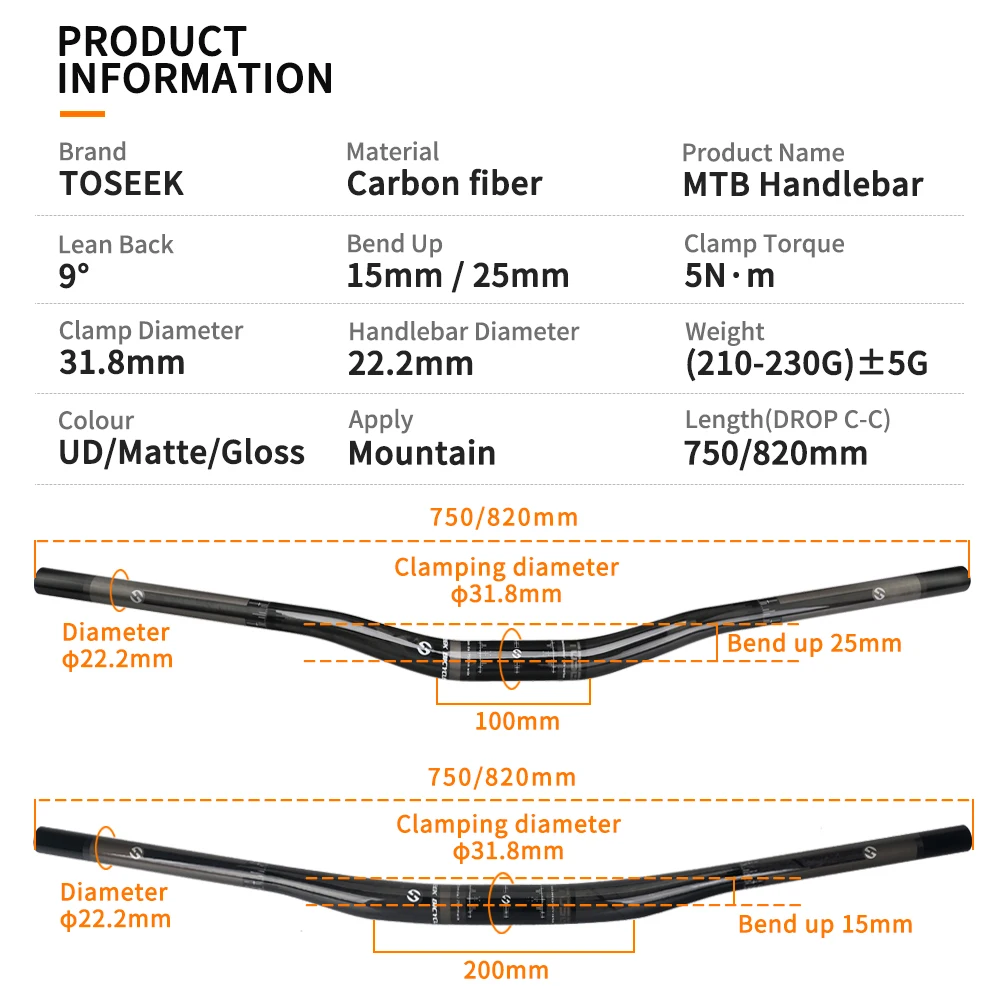 TOSEEK Bicycle Handlebar Carbon AM DH MTB Handlebar 820mm Off-road Extension Swallow Shaped Handlebar 31.8mm Bicycle Parts