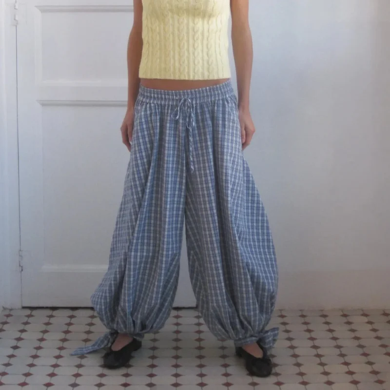 Image of Damen Vintage Y2k Karierte Lange Hosen mit Mittelhohem Bund, Lockerer Passform, Schleifenabschluss und Kordelzug, Modische Streetwear