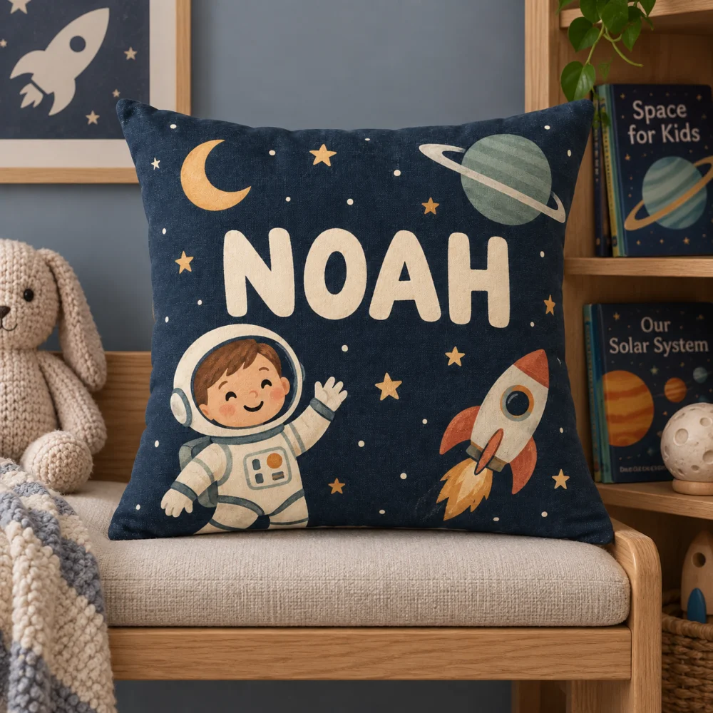 Custom Name Astronaut Space Planet Rocket Throw Pillow, Personalized Moon Star Square Cushion Boys Nursery Bedroom Sofa Decor