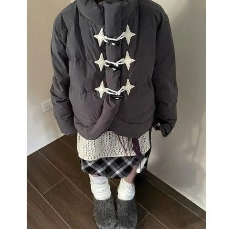 

Короткая японская куртка на хлопковой подкладке, зима 2025, дизайн с роговой пряжкой, толстое теплое женское пальто на хлопковой подкладке