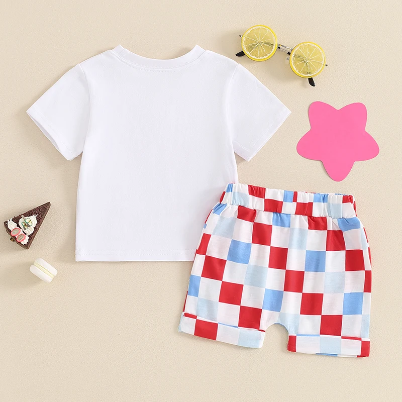 

4th of July Toddler Boys Outfits Letter Print Round Neck Short Sleeve T-Shirts Tops and Checkerboard Shorts 2Pcs Clothes Set