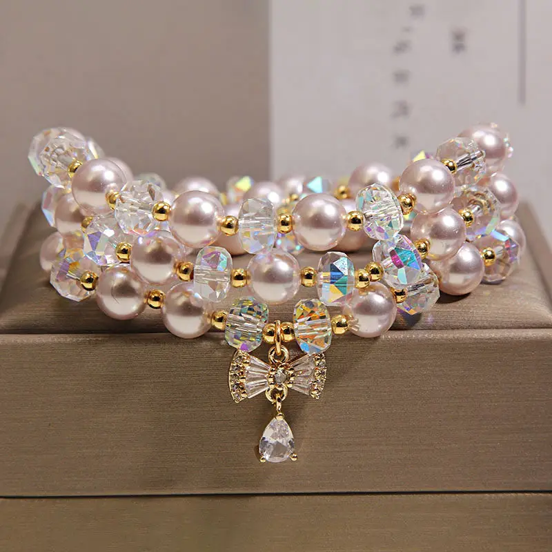 

French Manta Rose Pearl Crystal Multi-layer Bracelet