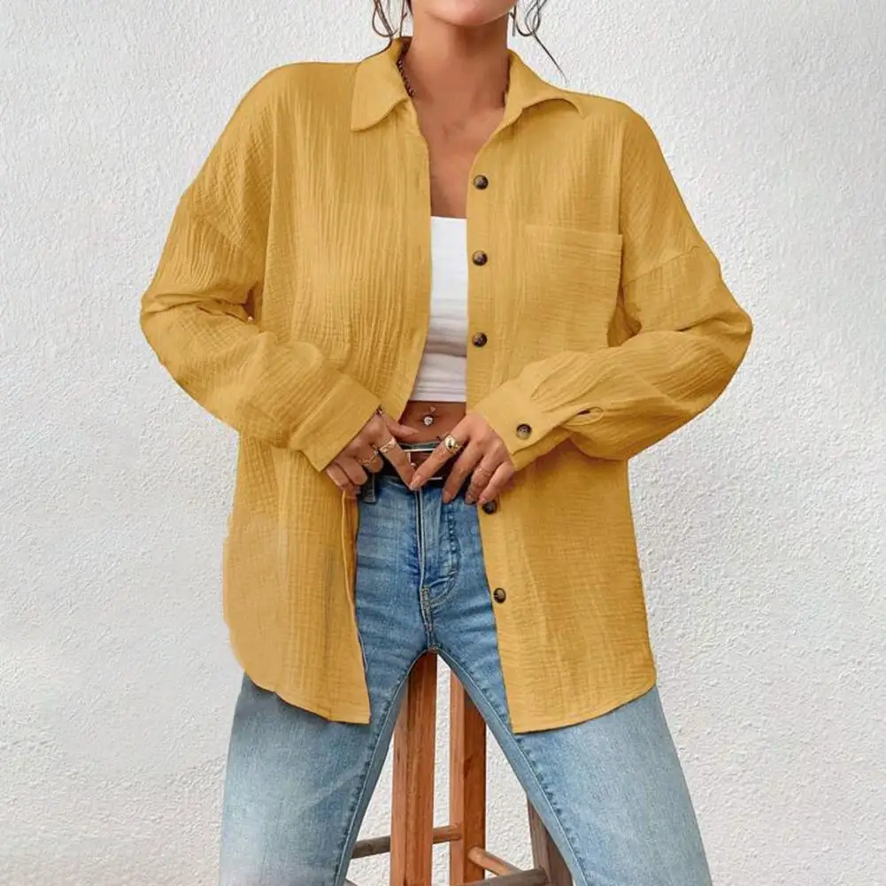 Women Casual Shirt Lapel Long Sleeve Button Down Top with Patch Pocket Solid Color Loose Fit Blouse Work Leisure Daily Wear