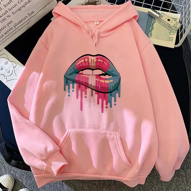 

Aesthetics Lips Printing Clothing Hoodies Pink Tops Hipster Sweatshirt Women Warm pullover Streetwear Pocket hoodie Female