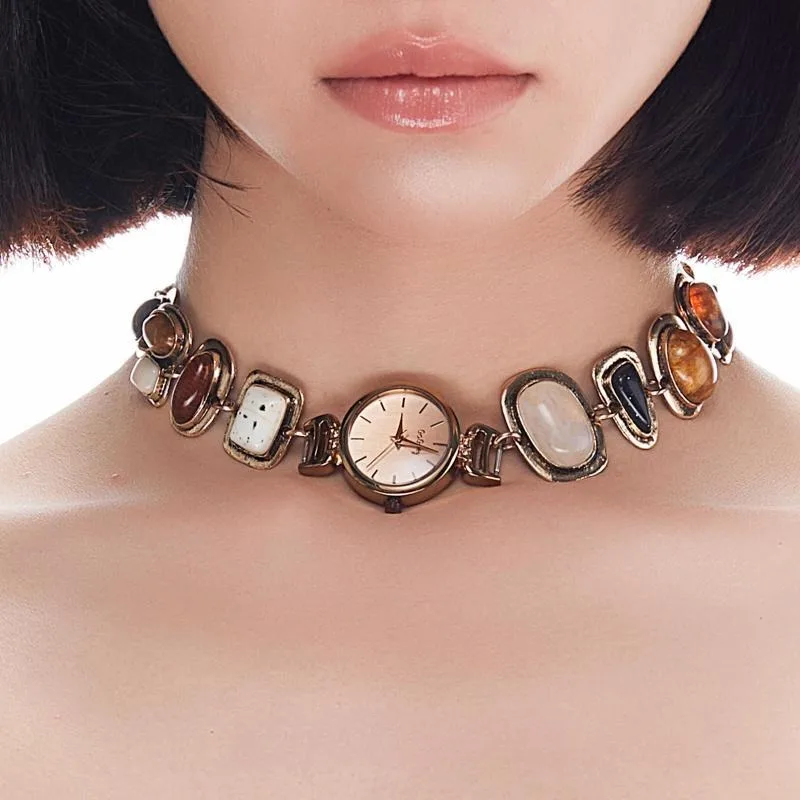 Handmade Niche Watch Pendant Spliced Copper Gemstone Cyberpunk Design Sense of Women's Necklace