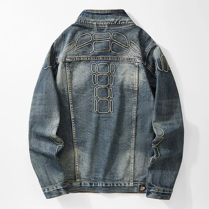 

Premium Embroidered Denim Jaet Men's Vintage Biker Collar Ripped PU Leather ort Coat Spring Autumn Breathable Casual