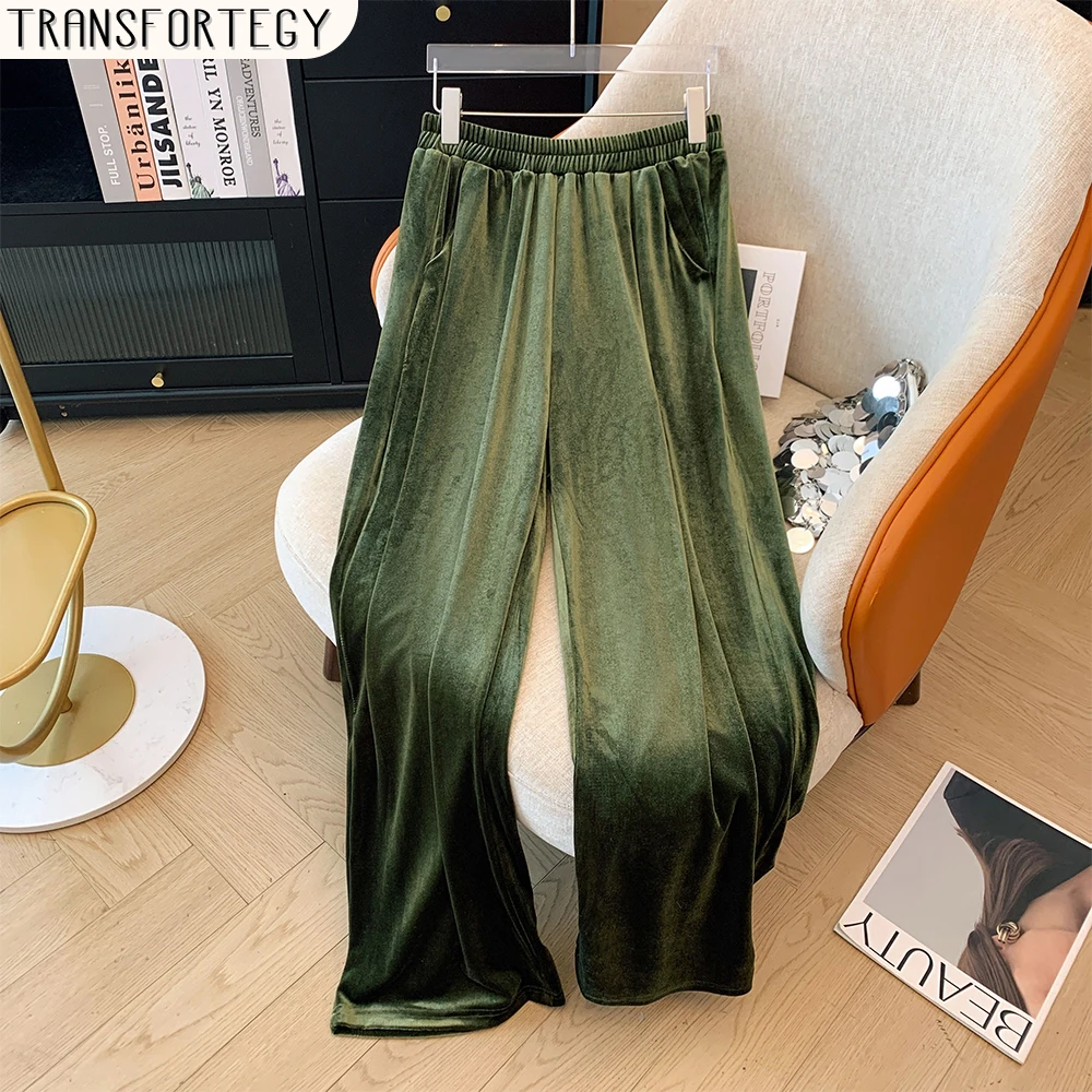 Plus size women's autumn and winter green casual loose high waist wide leg pants elastic waist comfortable trousers 2024 new