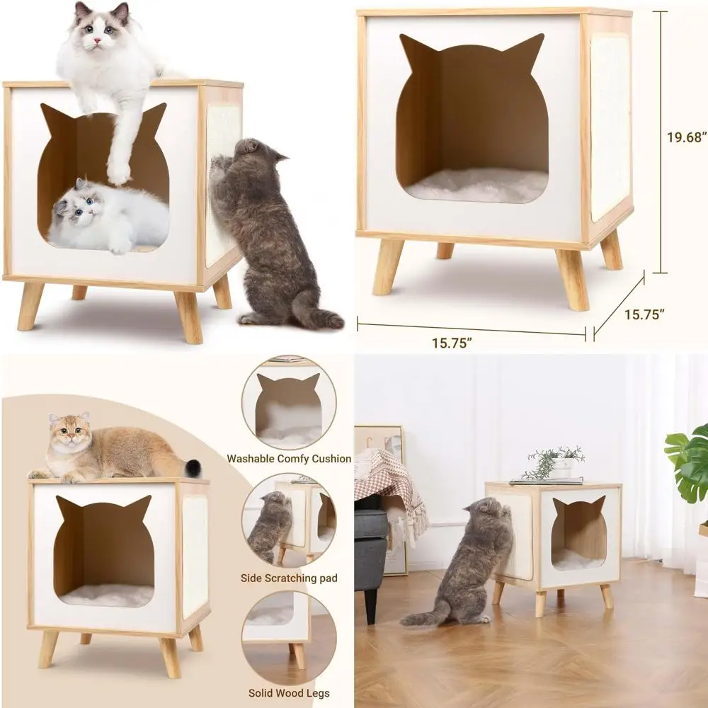 

Modern Wooden Cat Condo with Cushion, Scratch Pad, and Nightstand Functionality for Stylish Cat Shelter