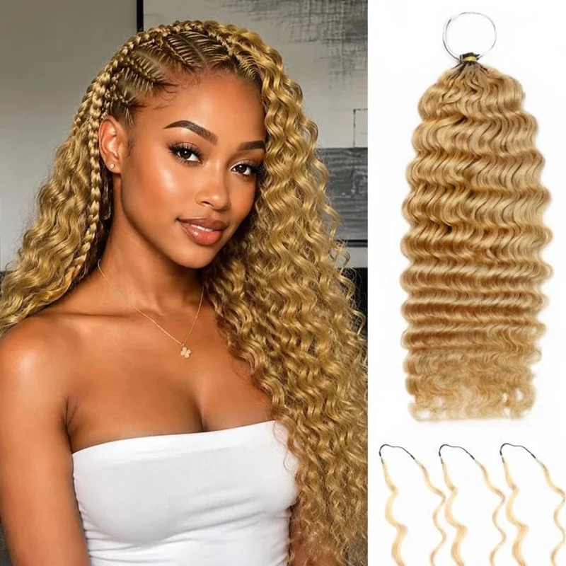# Extensions de cheveux humains brésiliens bruts, 27 mèches blond miel, ondulations profondes, nœuds miracle, pour tresses bohèmes au crochet