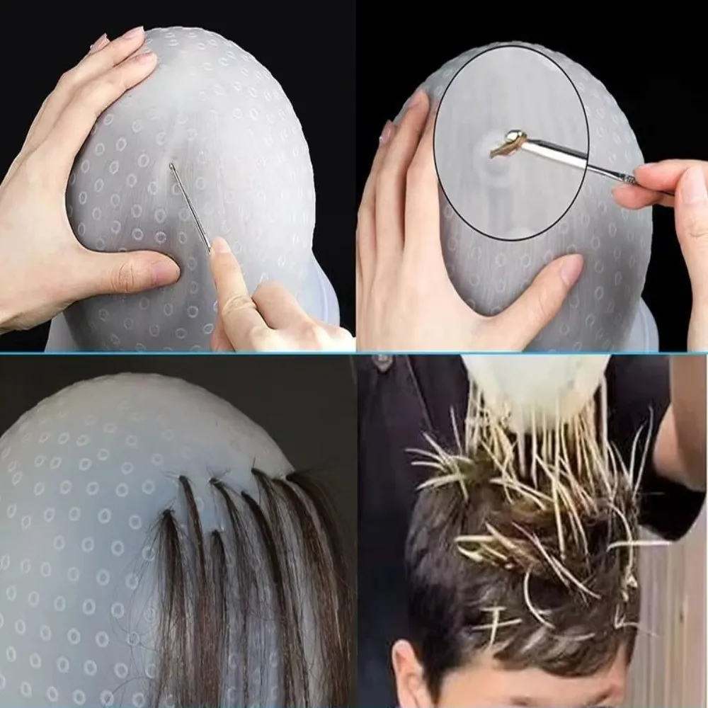 DIY Adjustable Hair Highlight Cap Reusable Detachable Strap Hair Bleach Cap with Pull Hook Hair Dyeing Kit Hair Colouring Tool