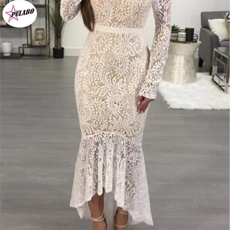 PULABO Elegant White Party For Bridal Lace Sequin Cold Shoulder Sexy Midi Social Festival Vestidos Robe Female robe Dress