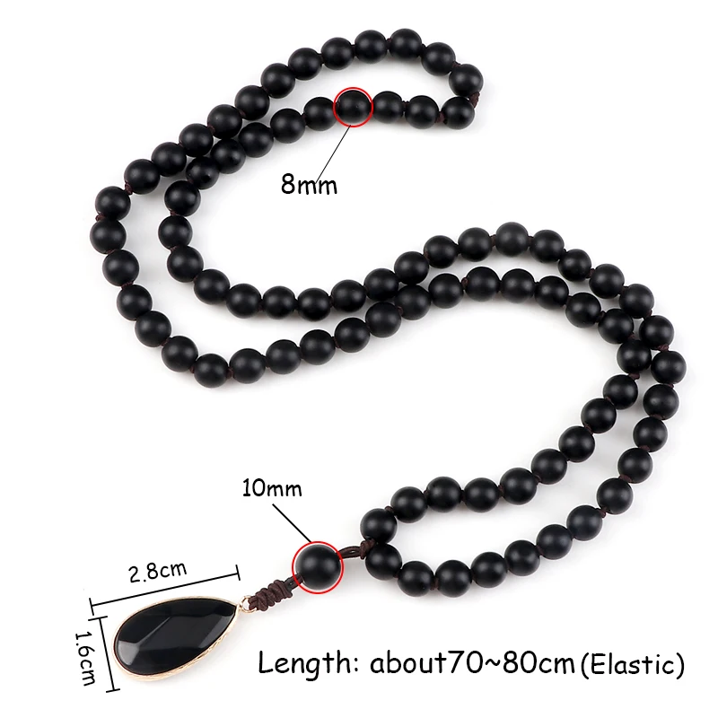 Natural Stone Pendant Necklace for Men 8mm Black Matte Beads Classic Mala Rosary Knotted Long Necklaces Charm Women Yoga Jewelry