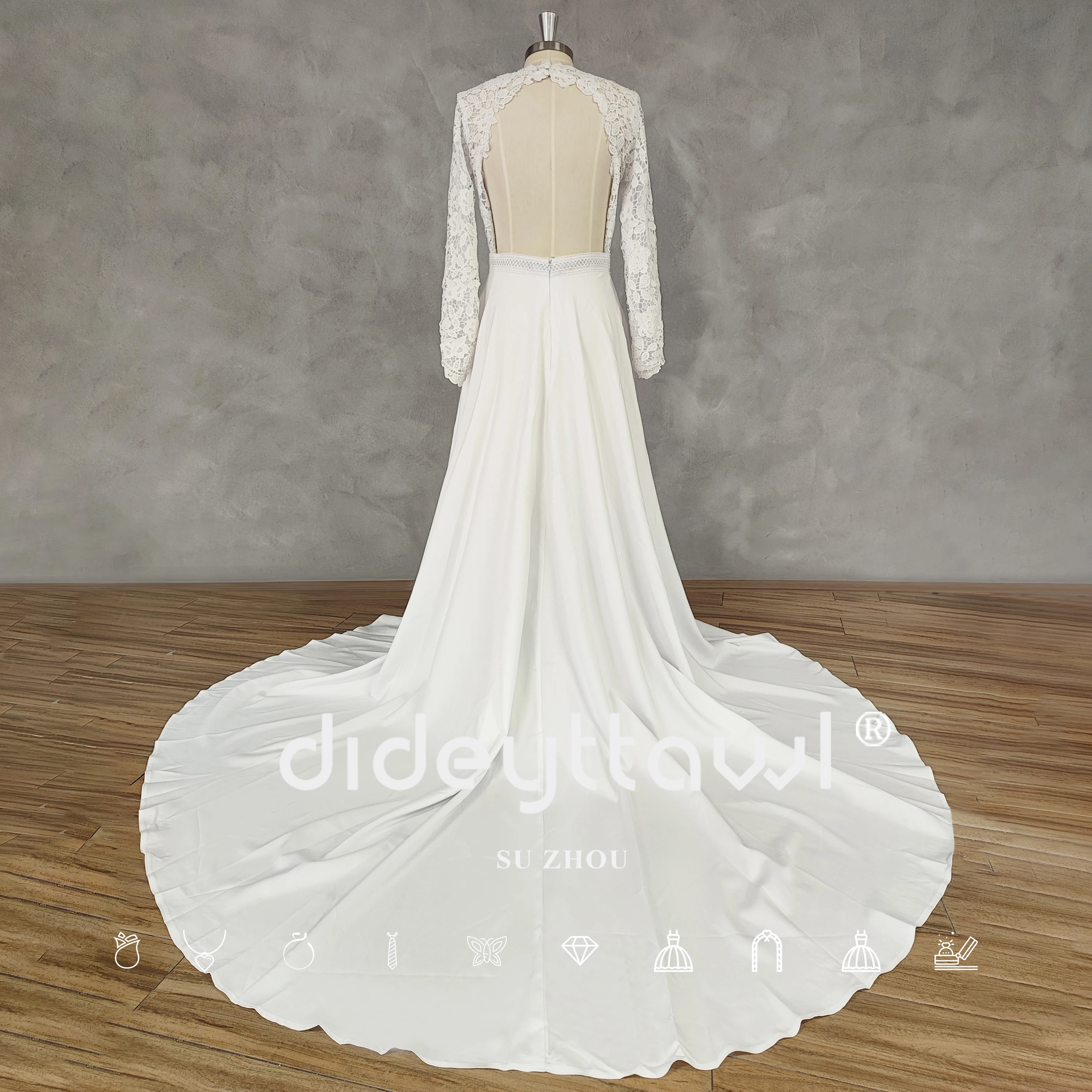 DIDEYTTAWL Real Picture Boho O-Neck Long Sleeves Lace Top Wedding Dress Elegant Open Back Satin High Side Slit Bridal Gown