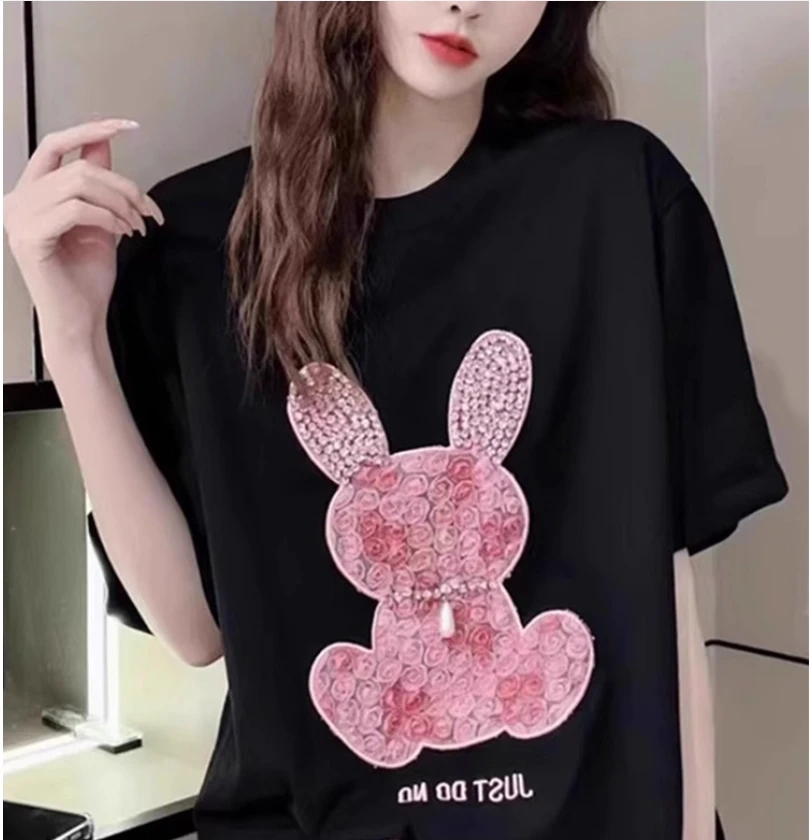 

Женская футболка с короткими рукавами и вышивкой в виде цветочного кролика для тяжелой промышленности, летний свободный повседневный женский топ средней длины