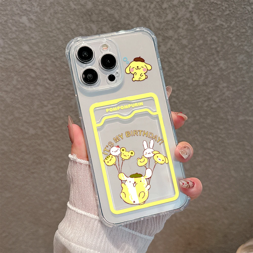 Cute Anime Pom Pom Purin Card Hold Case For iPhone 15 14 13 12 11 Mini Pro Max X XR XSMax 6S 7 8 Plus SE20 Anti-fall Clear Cover