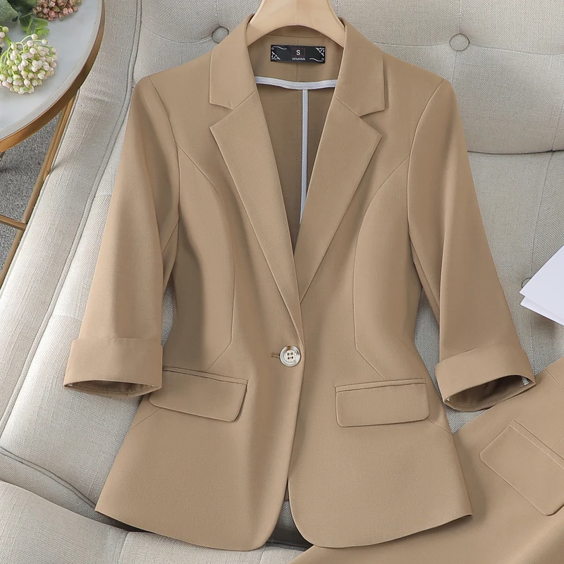 2024 Elegant Skirt Suits Women Ladies New Formal Pink Apricot Khaki 3/4 Sleeve Solid  Blazer Two Piece Set Office Suit