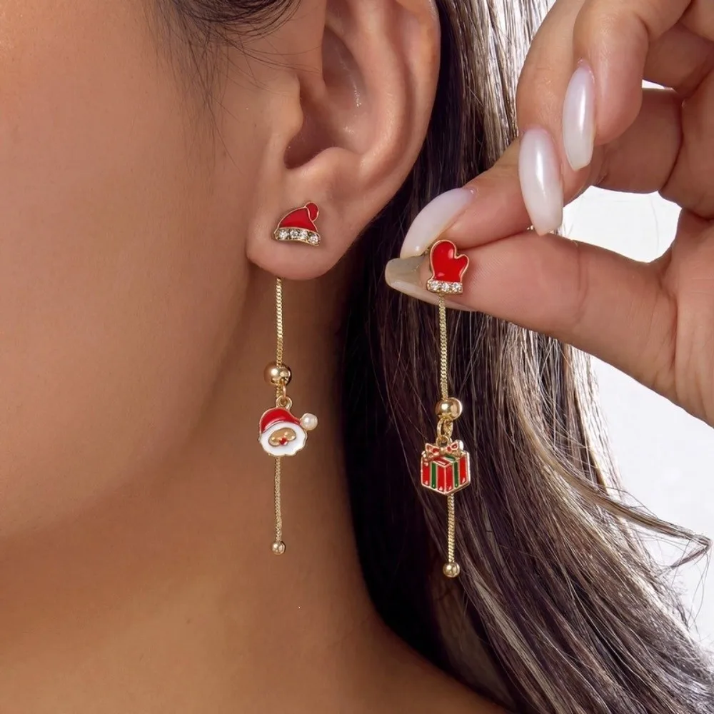 Asymmetric Design Christmas Dangle Earrings Zircon Star Enamel Snowman Long Tassel Earrings Moving Santa Claus Red Hat Gloves
