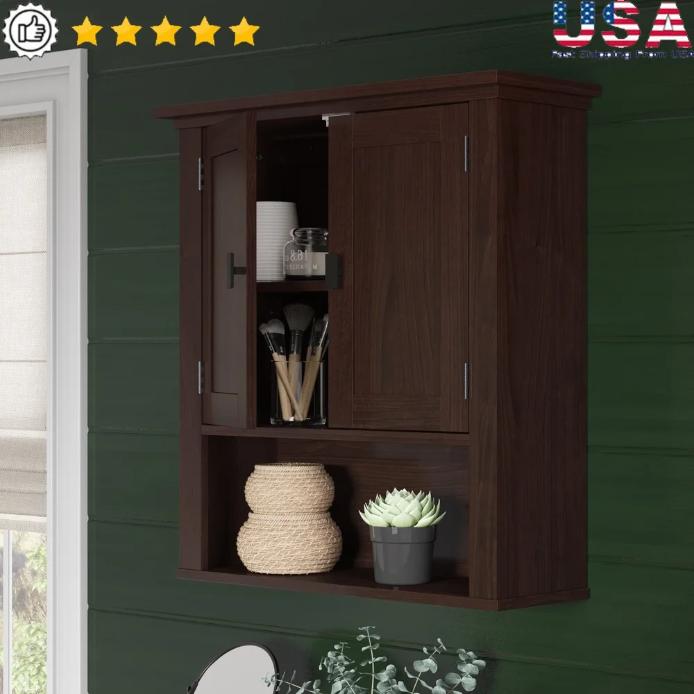 

Two Door Wall Mounted Storage Cabinet Adjustable Shelves Bathroom Laundry Toiletries Towel Organizer Over Toilet Unit
