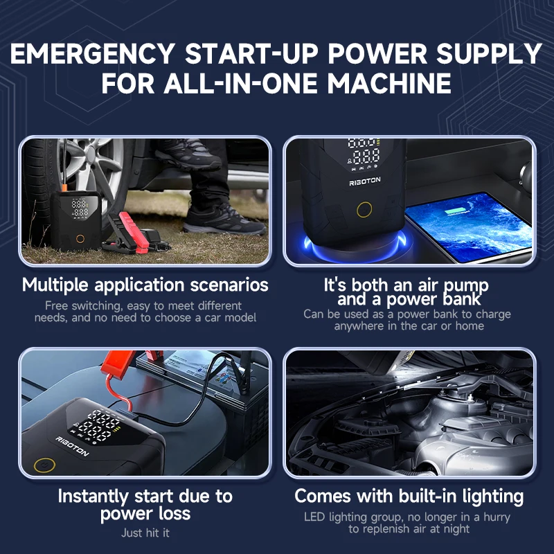 Batteria a lunga durata, pompa di gonfiaggio portatile per pneumatici a LED, avviamento con ponticello batteria di emergenza e compressore d'aria 2 in 1