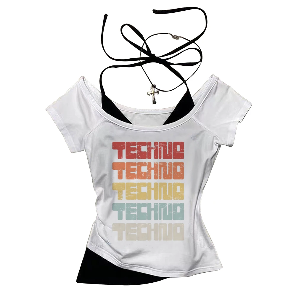 Techno crop top women emo gyaru alternative  manga goth tshirt japanese dollette grunge