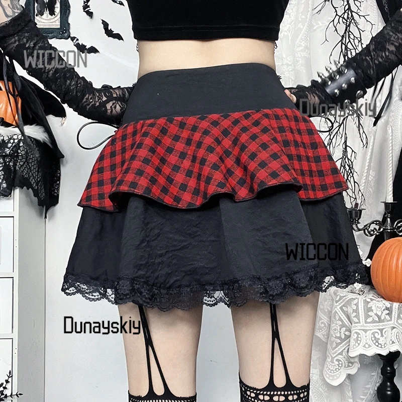 Minifalda gótica Y2K LOLITA para Halloween/Navidad/Oktoberfest/Pascua - Falda asimétrica de retazos con cadenas desmontables